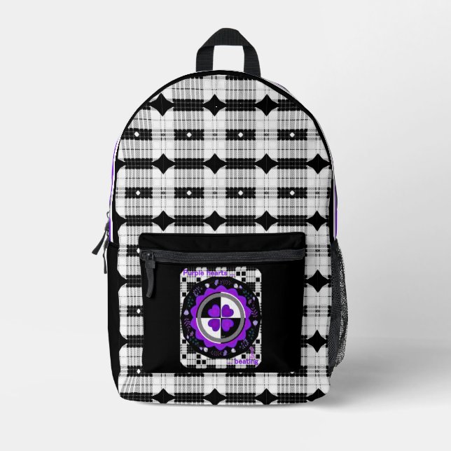 B&W purple hearts beating Printed Backpack (Front)