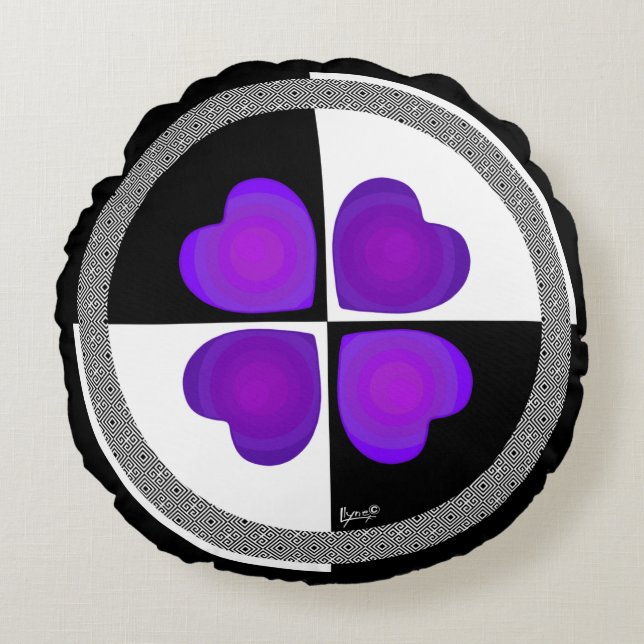 B&W Purple Hearts Beating Round Cushion (Front)