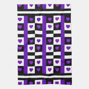 B&W Purple Hearts Beating Tea Towel