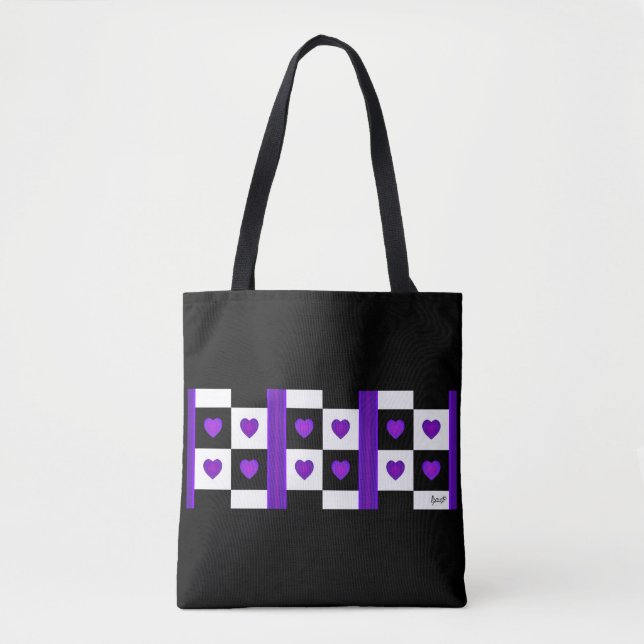 B&W Purple Hearts Beating Tote Bag (Front)