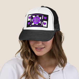 B&W Purple Hearts Beating Trucker Hat
