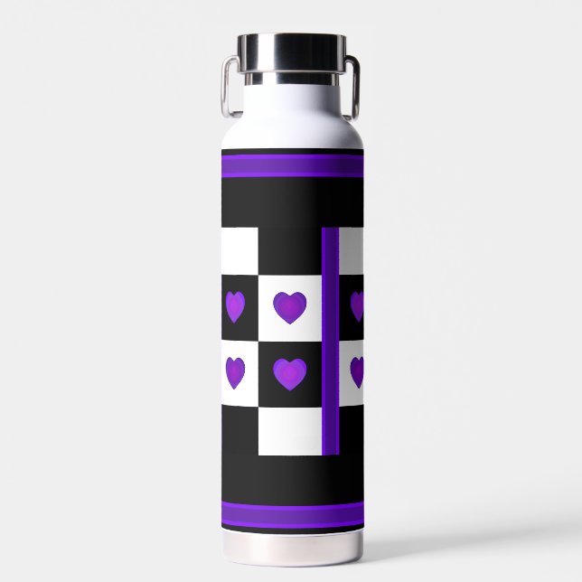 B&W Purple Hearts Beating Water Bottle (Front)