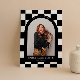 B&W Retro Checkered Arch Classic Photo Graduation Invitation