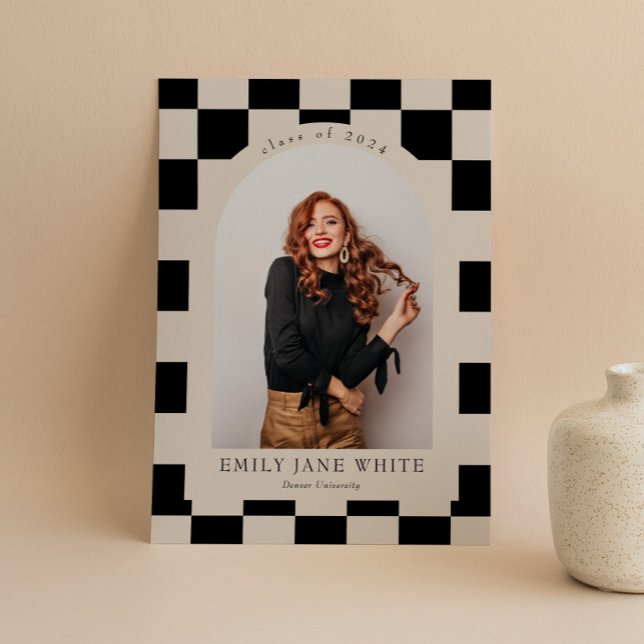 B&W Retro Checkered Arch Classic Photo Graduation Invitation (Creator Uploaded)