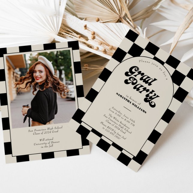 B&W Retro Checkered Arch Graduation Party Invitation (Creator Uploaded)