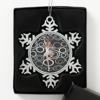 B&W Retro Circles Ballerina Dancing Snowflake Pewter Christmas Ornament