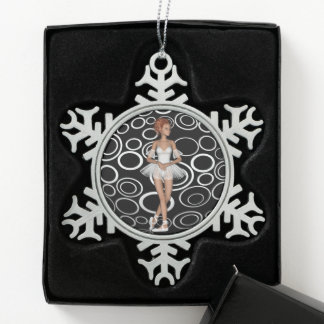 B&W Retro Circles Ballerina Standing Snowflake Pewter Christmas Ornament