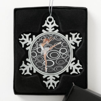 B&W Retro Circles Pretty Ballerina Dancing Snowflake Pewter Christmas Ornament
