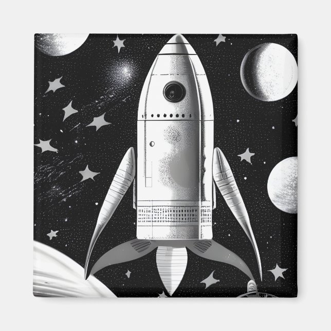 B&W Retro Rocket Ship Magnet (Front)