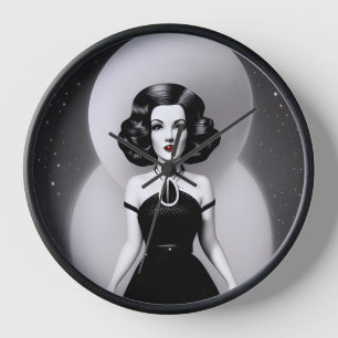 B&W Retro Sci-fi Woman Clock