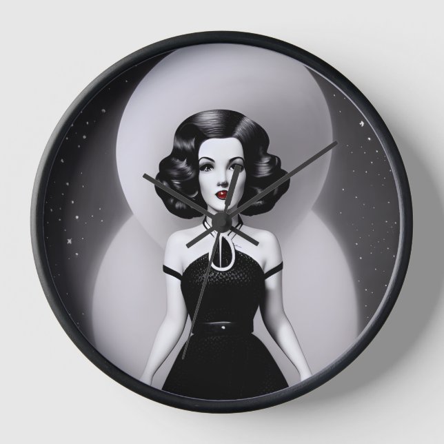B&W Retro Sci-fi Woman Clock (Front)
