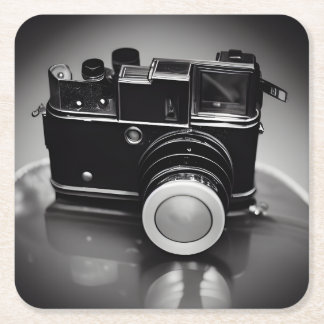 B&W Retro Vintage Camera Square Paper Coaster