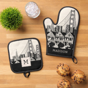 B&W San Francisco California Oven Mitt & Pot Holder Set