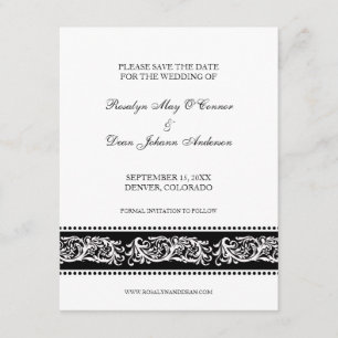 B&W scroll elegant wedding save the date flat card