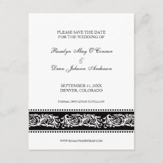 B&W scroll elegant wedding save the date flat card