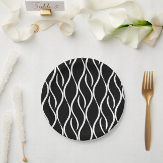 B&W Seamless Wavy Lines Pattern Paper Plate