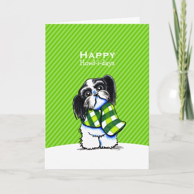 B/w Shih Tzu Scarf Christmas Green Custom Holiday Card (Front)
