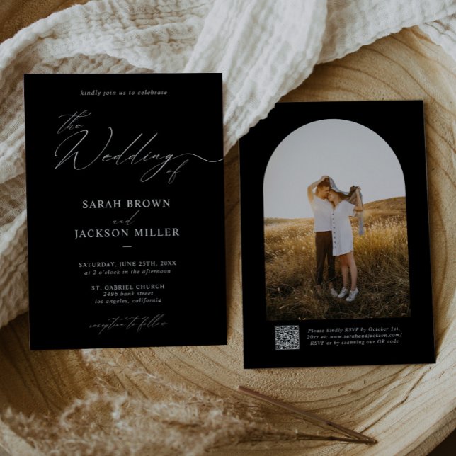 B & W Simple Elegant Modern Script QR Code Wedding Invitation (Creator Uploaded)