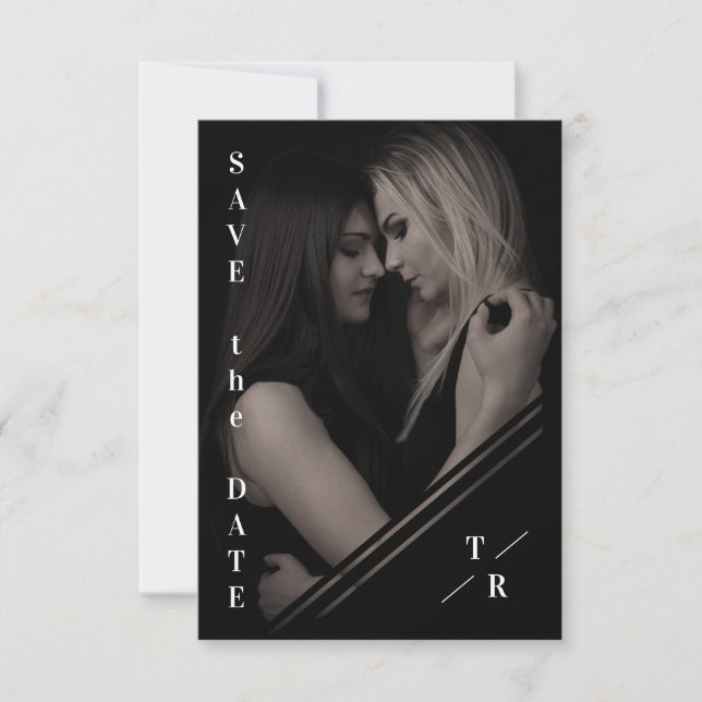 B&W Sophisticated Photo Couple Lesbian Gay Wedding Save The Date (Front)