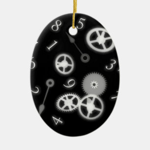 B&W Steampunk Clock Parts & Numbers Ceramic Tree Decoration
