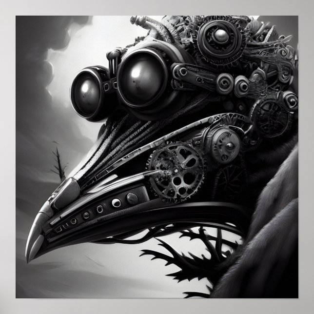 B&W Steampunk Robot Raven Poster (Front)