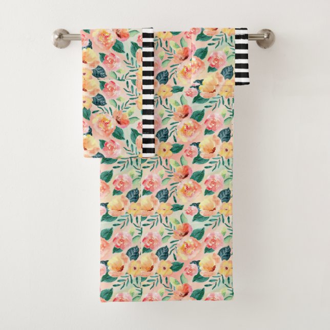 B&W Striped Coral Floral Pattern Towel Set (Insitu)