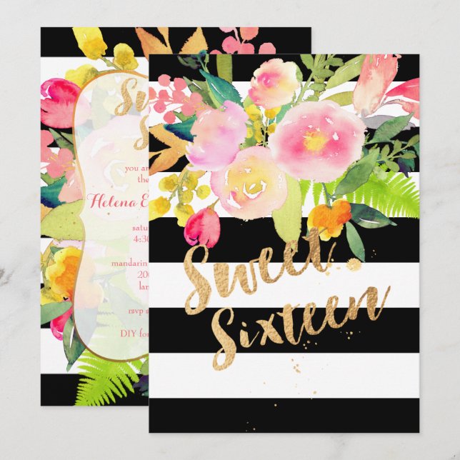 B+W Stripes, sweet 16, Watercolor Spring Flower Invitation (Front/Back)