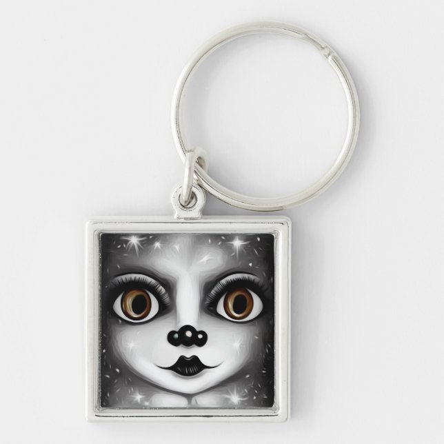 B&W Surreal Pop Big Eyes Mime Key Ring (Front)