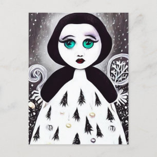 B&W Surreal Pop Xmas Tree Dress Doll Postcard