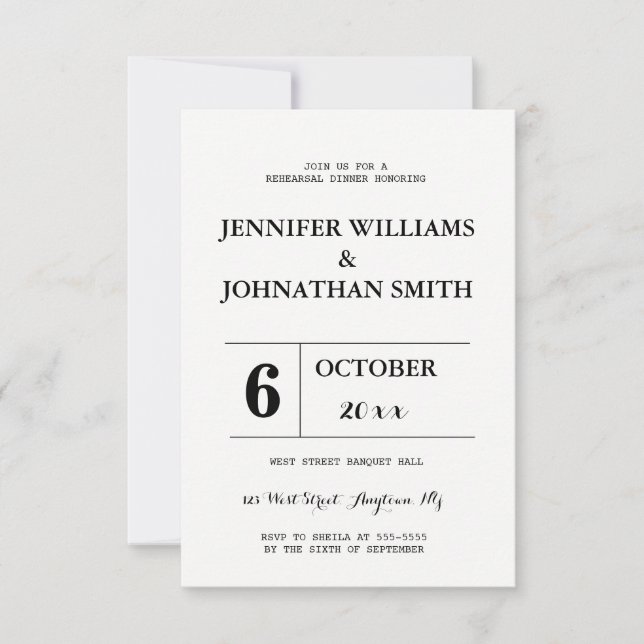 B&W typography rehearsal dinner invitations (Front)
