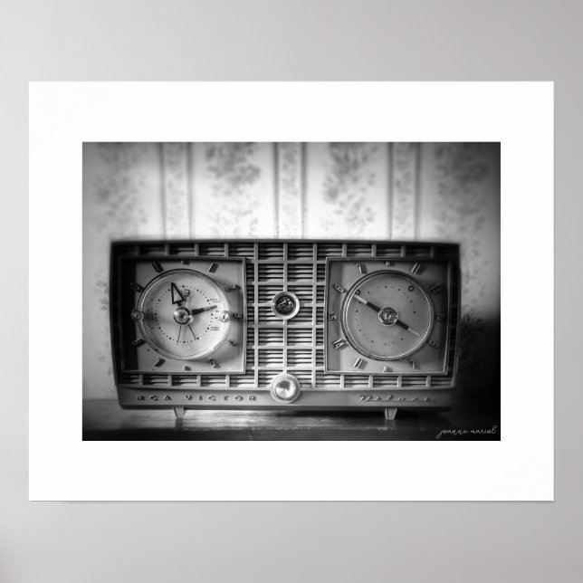 B&W Vintage Clock Radio Poster Print (Front)
