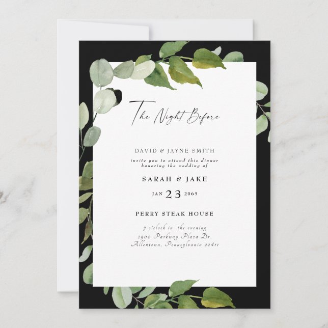 B/W Watercolor Greenery The Night Before  Invitation (Front)