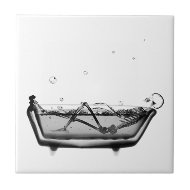 B&W X-Ray Skeleton in Bath Bathing Skull Tile (Front)