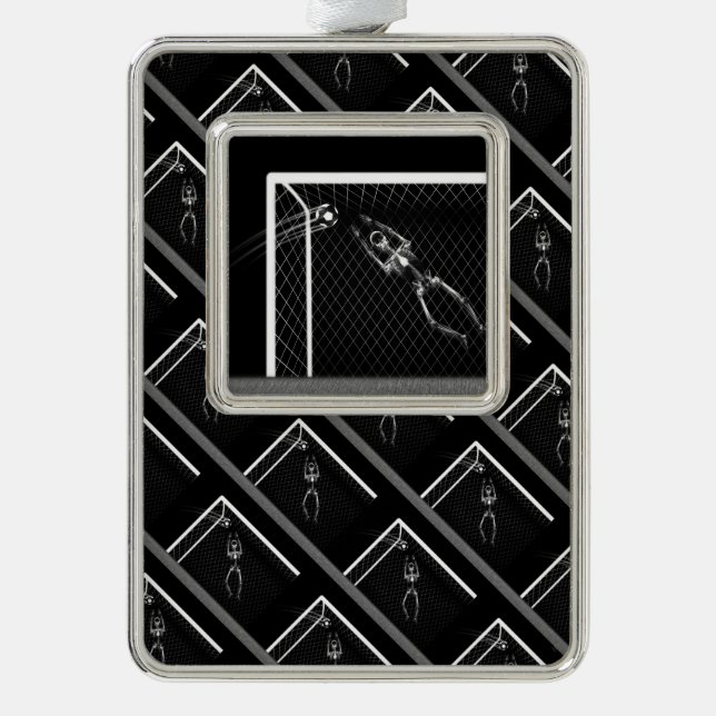 B&W X-Ray Skeleton Soccer Goalie Silver Plated Framed Ornament (Front)
