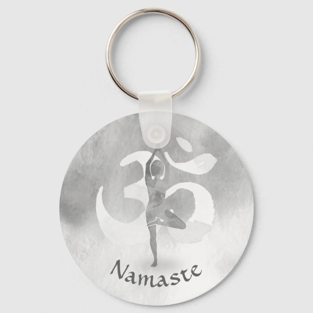 B&W Yoga Instructor Meditation Tree Pose Om Symbol Key Ring (Front)