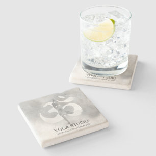 B&W Yoga Instructor Meditation Tree Pose Om Symbol Stone Coaster