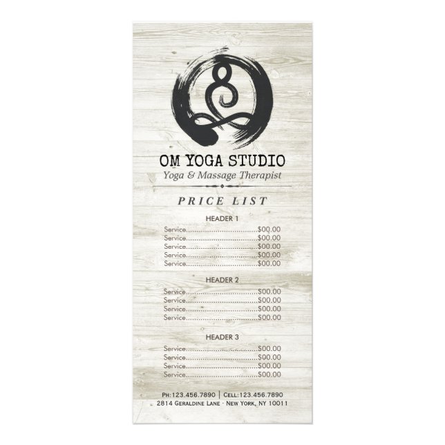 B&W YOGA Instructor Price List Meditation Pose Zen Rack Card (Front)