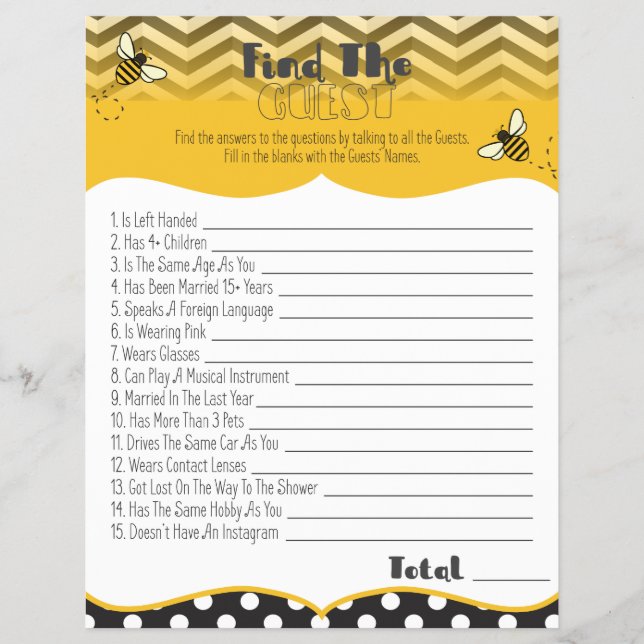 Ba-Bee Baby Shower Find The Guest Game Print Outs Flyer (Front)