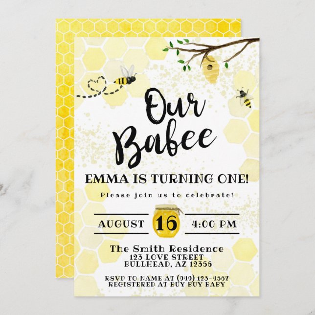 Ba-Bee Honeycomb Bumble Bee 1st Birthday Invitation (Front/Back)