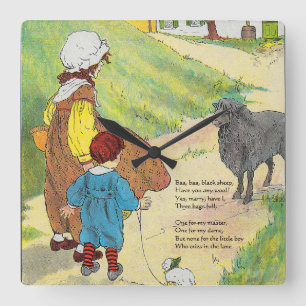 Baa, Baa, Black Sheep, Mother Goose Nursery Rhyme Square Wall Clock
