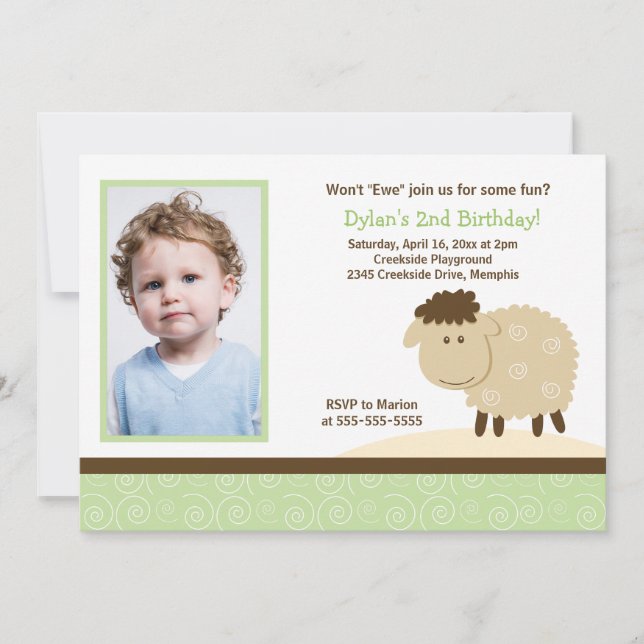 Baa Baa Sheep Green *PHOTO* Birthday 5x7 Invitation (Front)