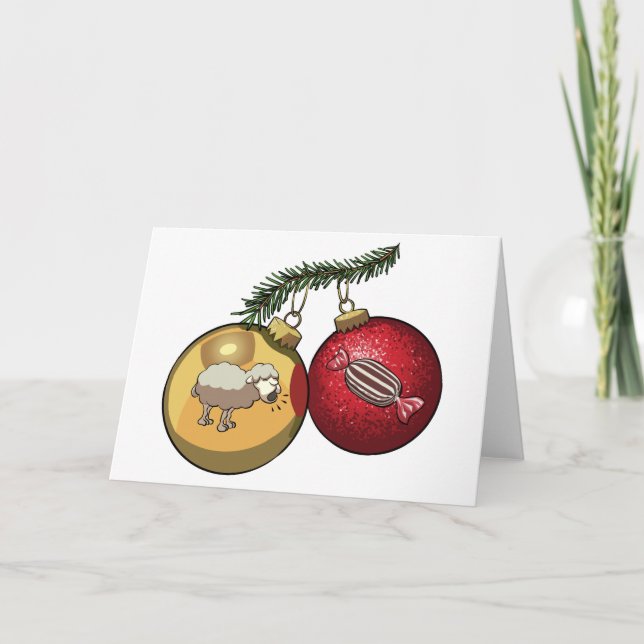 Baa Humbug Baubles Christmas Sheep & Candy Cartoon Holiday Card (Front)