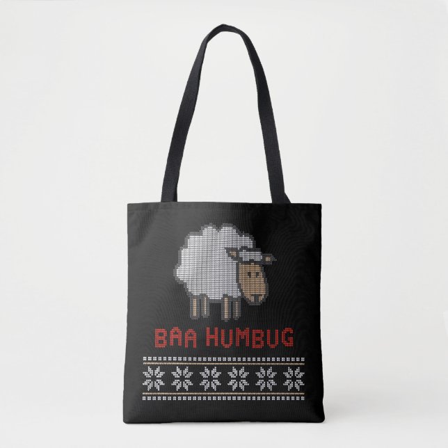 Baa Humbug Christmas Sheep | Ugly Sweater Style Tote Bag (Front)