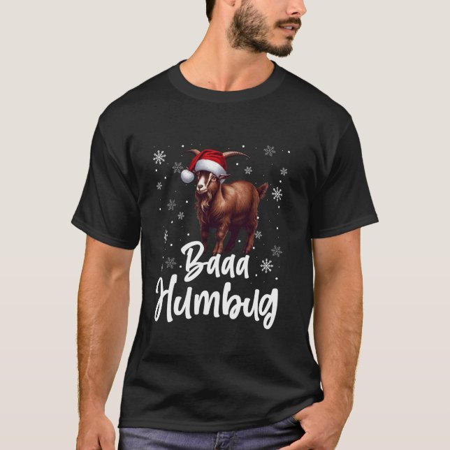 Baaa Humbug Funny Santa Hat Goat Xmas Snowflakes T-Shirt (Front)