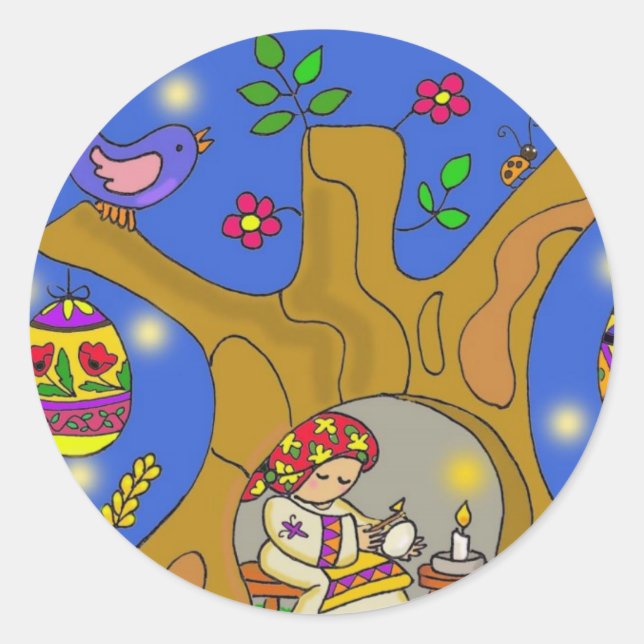 Baba and the Pysanky Tree Ukrainian Folk Art Classic Round Sticker (Front)