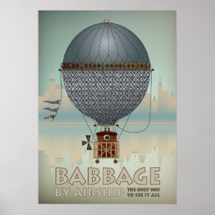 Babbage by Airship Steampunk Vintage Travel Poster