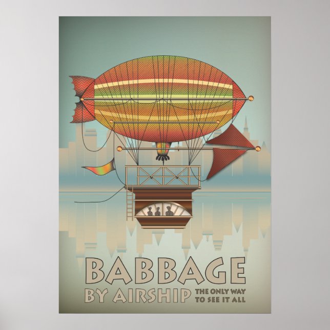 Babbage by Airship Steampunk Vintage Travel Poster (Front)