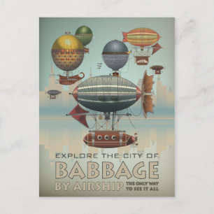 Babbage by Airship Vintage Steampunk Travel Postcard
