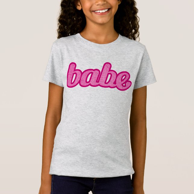 Babe text denim style graphic in hot pink T-Shirt (Front)