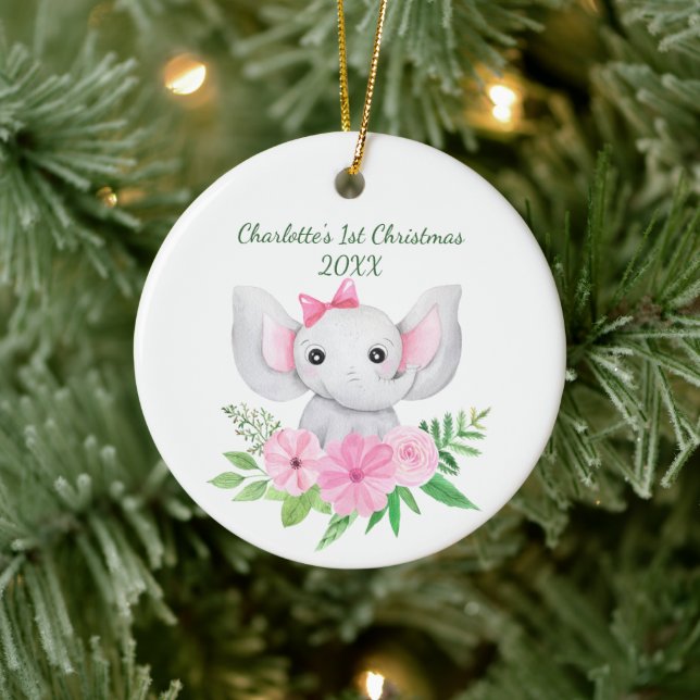 Babies 1st Christmas Pink Elephant Green Floral Ceramic Tree Decoration (Tree)